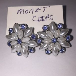 Monet Blue Stones with faux Pearl Clip ons